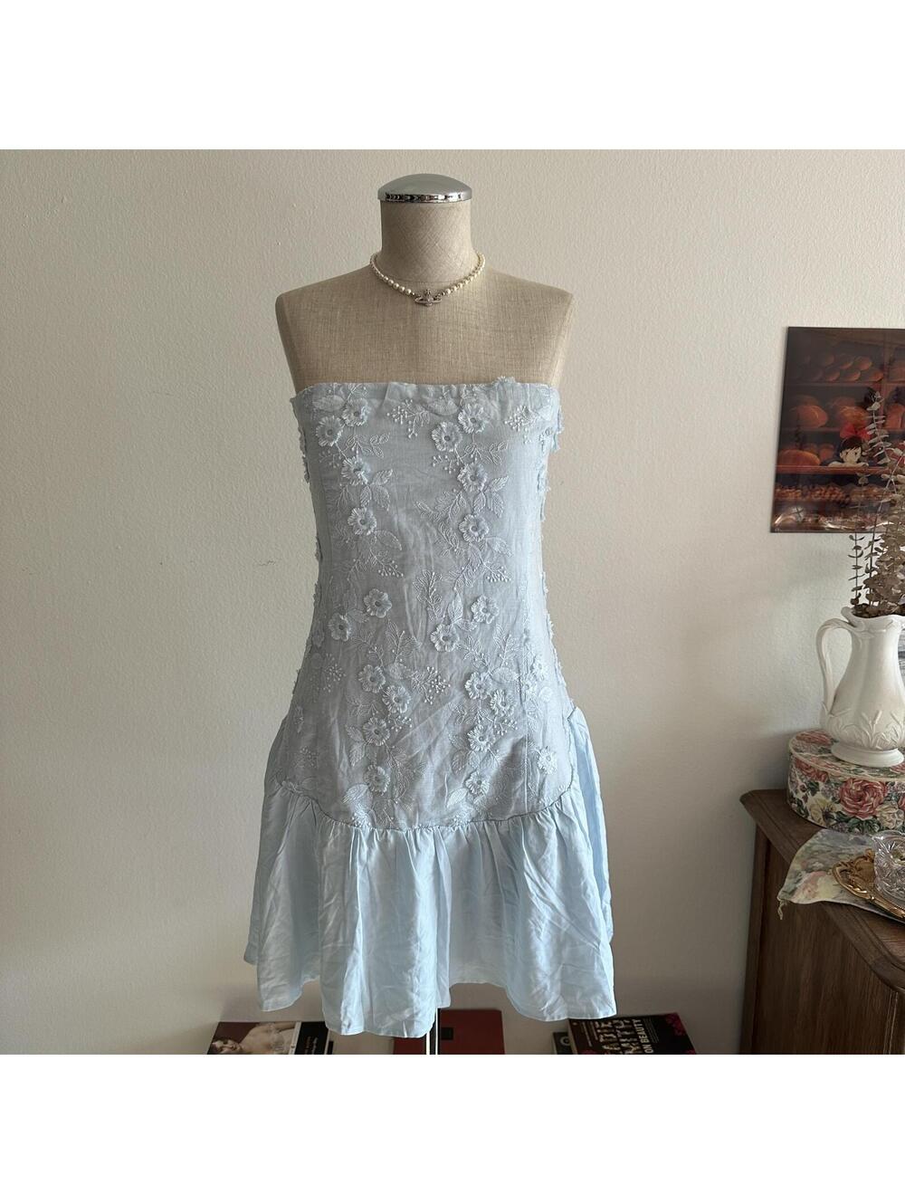 Princess Polly blue floral embroidered drop waist dress - Picture 2 of 7